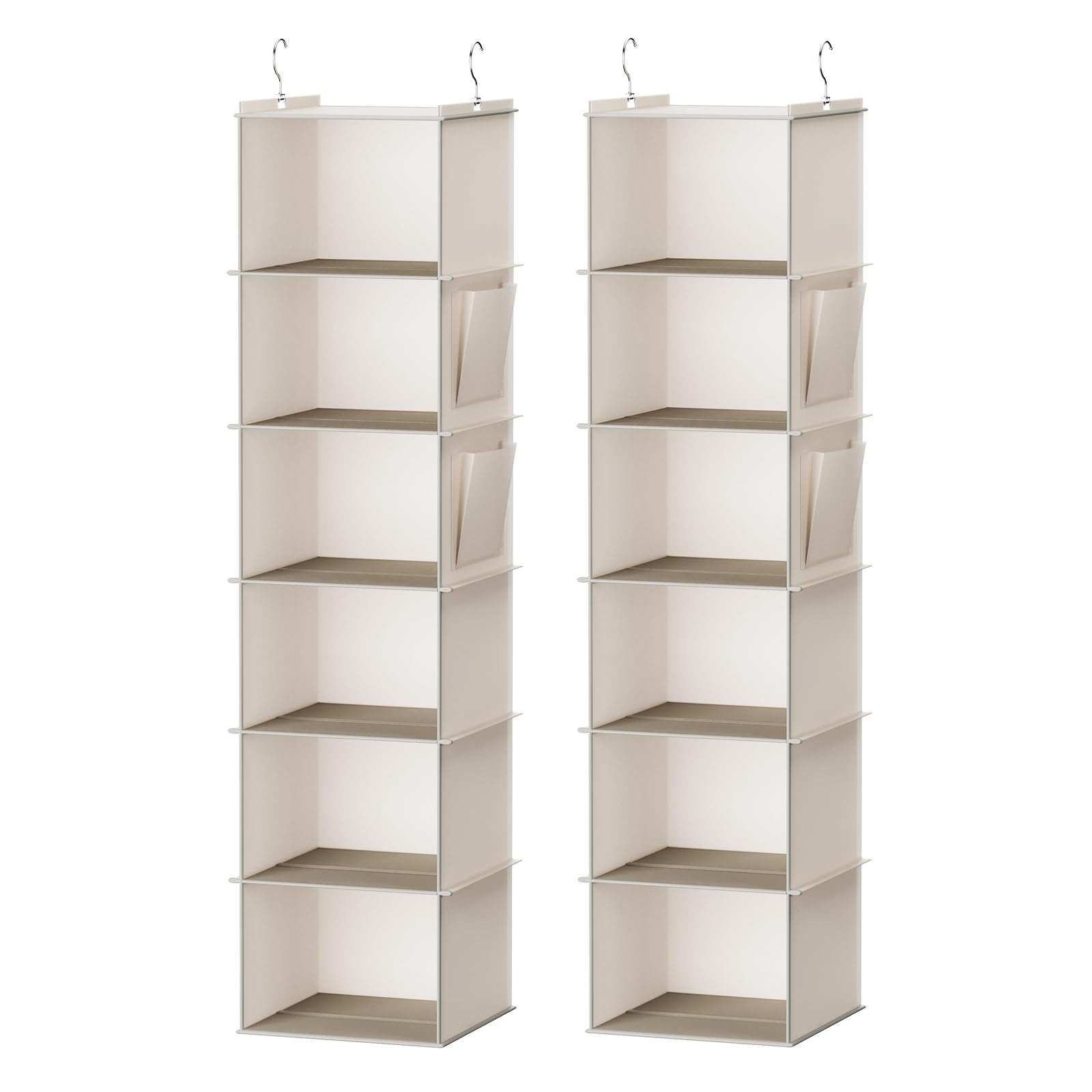 YOUDENOVA hanging closet organizer with six shelves in beige keeps clothes neatly organized.