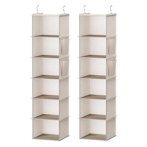 YOUDENOVA hanging closet organizer with six shelves in beige keeps clothes neatly organized.