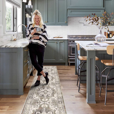 YOUFORTONG rug with rubber backing providing grip on floors.