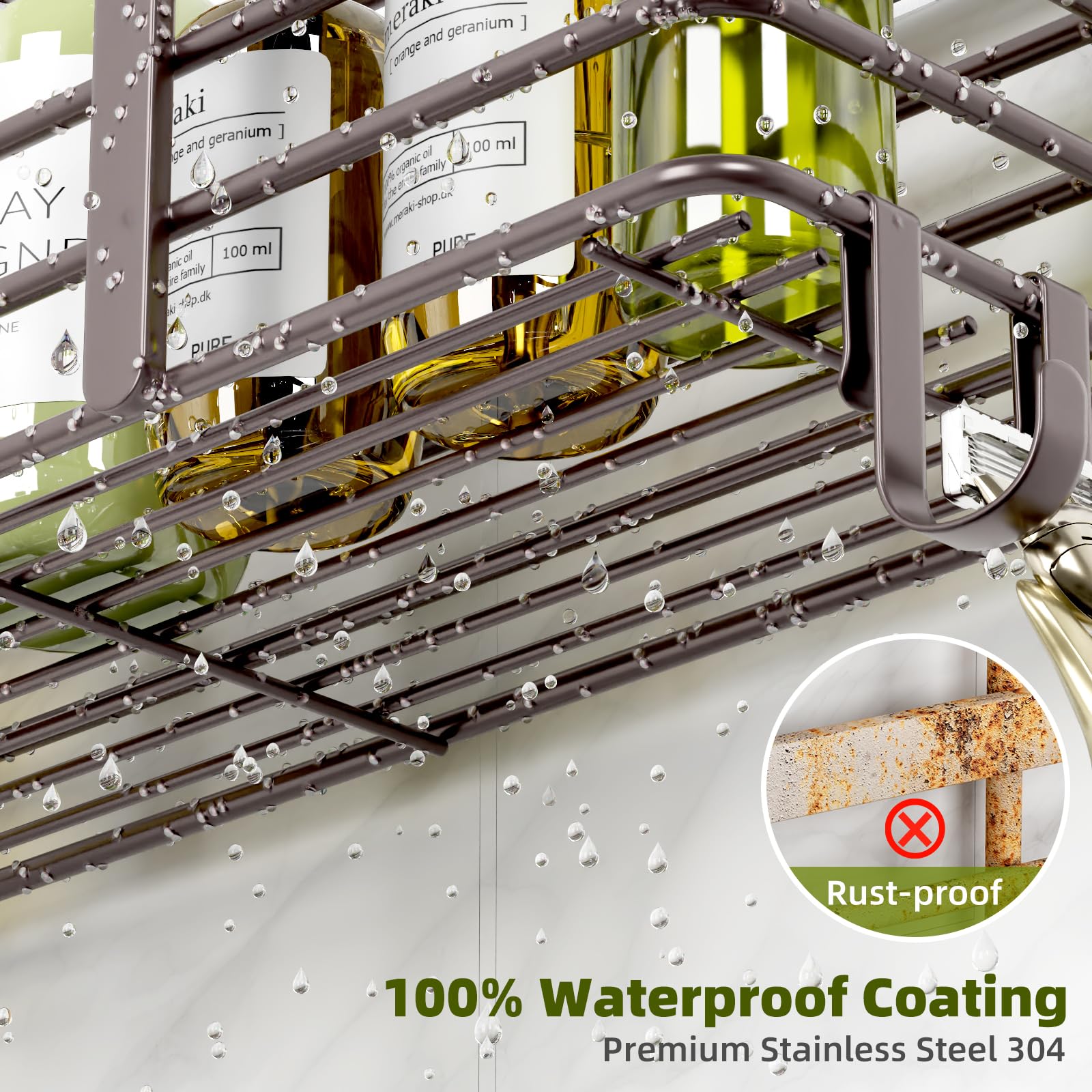 Yougai shower caddy adhesive system brown ensures strong grip on smooth walls.