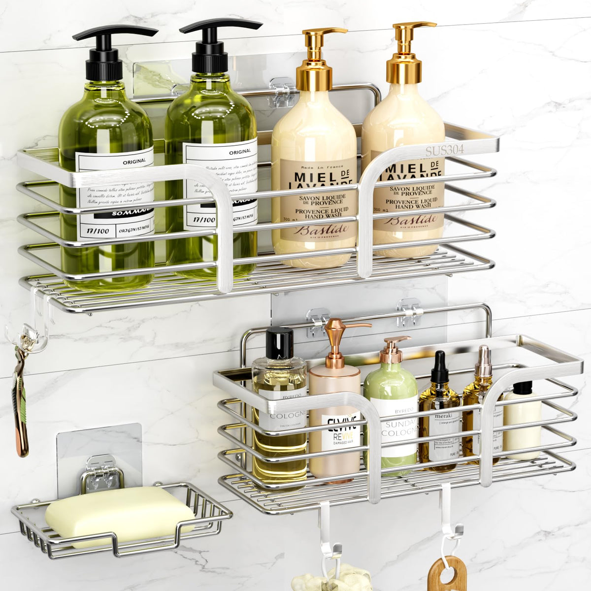 Yougai shower caddy main shelf shows durable stainless steel storage for a tidy bathroom.