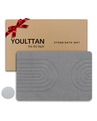 YOULTTAN Stone Bath Mat in grey semicircle with anti-slip surface for bathroom safety.