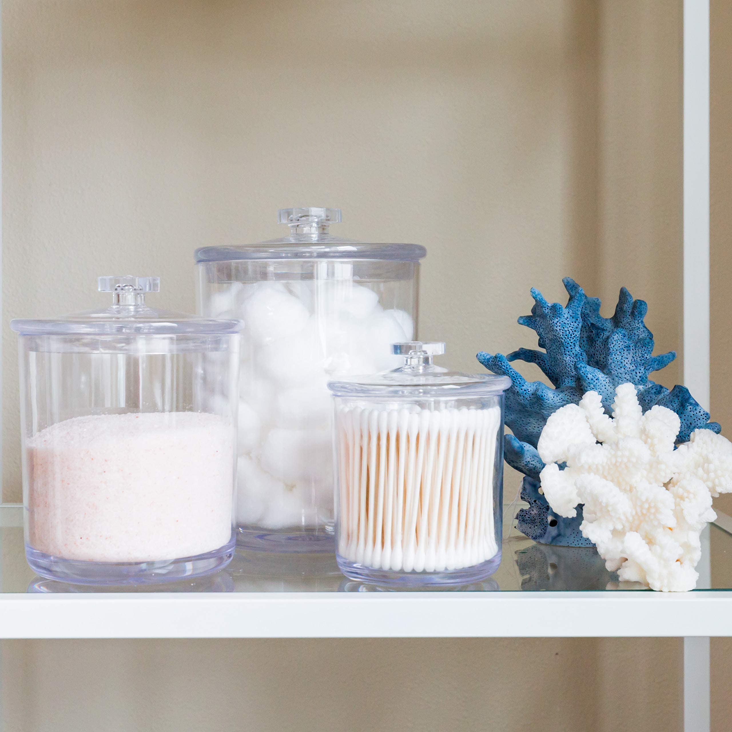Youngever apothecary jar set of three on vanity.