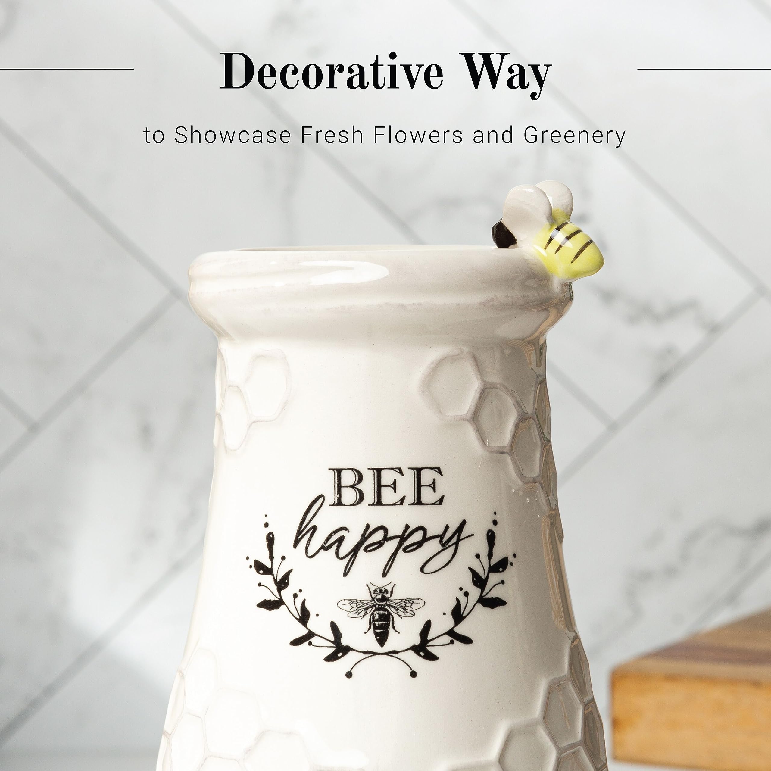 Young's Inc Bee Happy vase on table enhances spring-friendly centerpiece