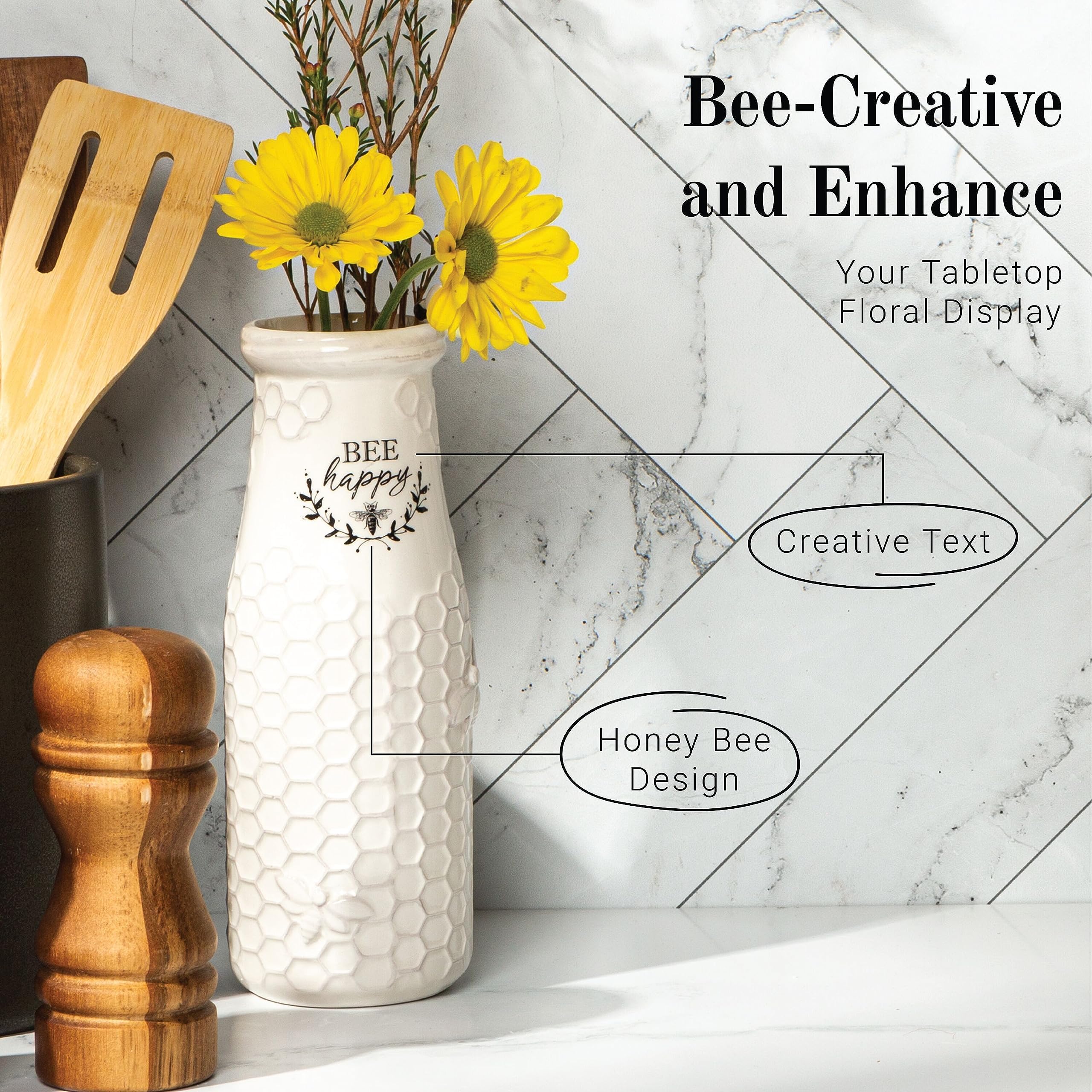 Young's Inc Bee Happy white ceramic vase adds minimalist style to spaces