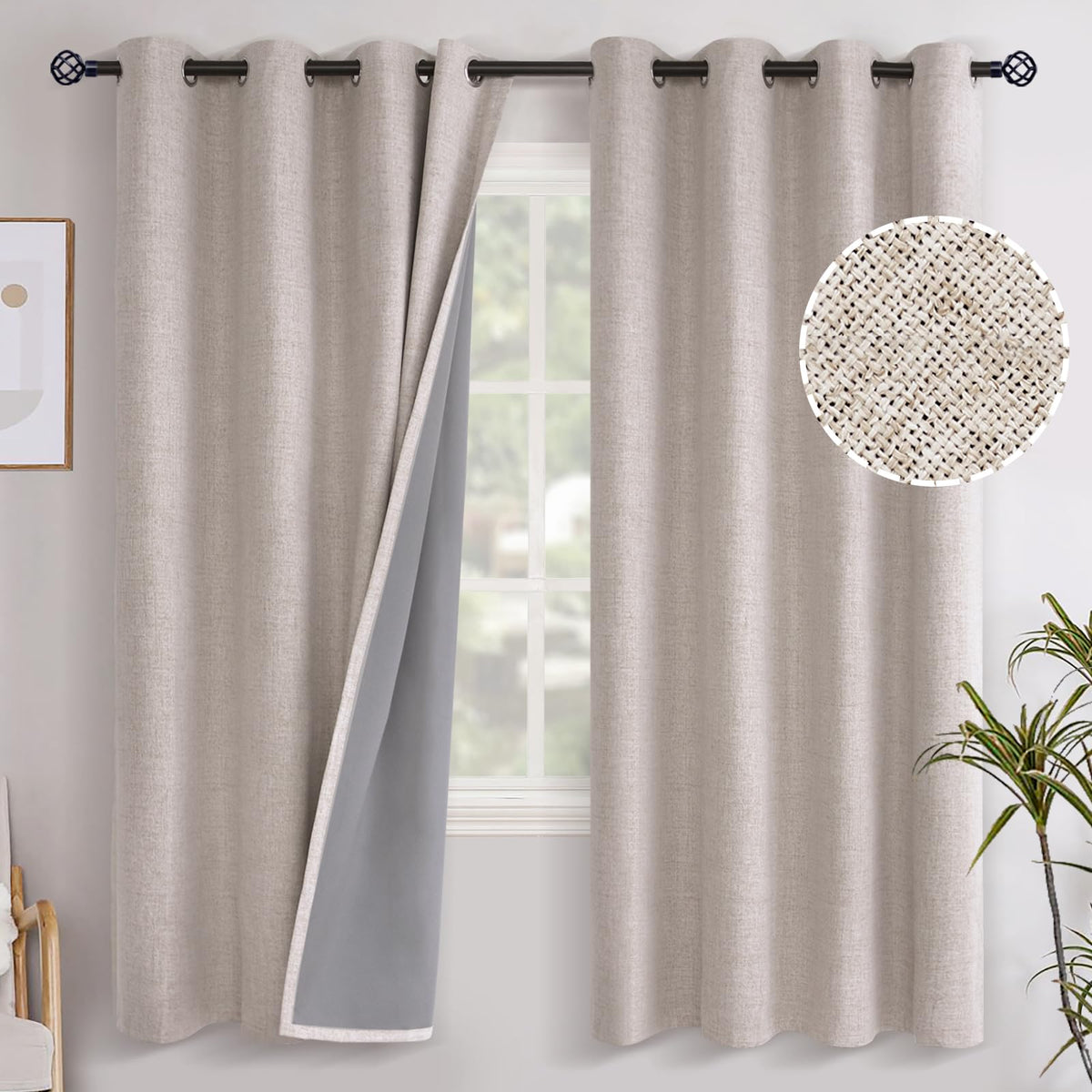 YoungsTex beige linen blackout curtains panel set blocks daylight for better sleep.