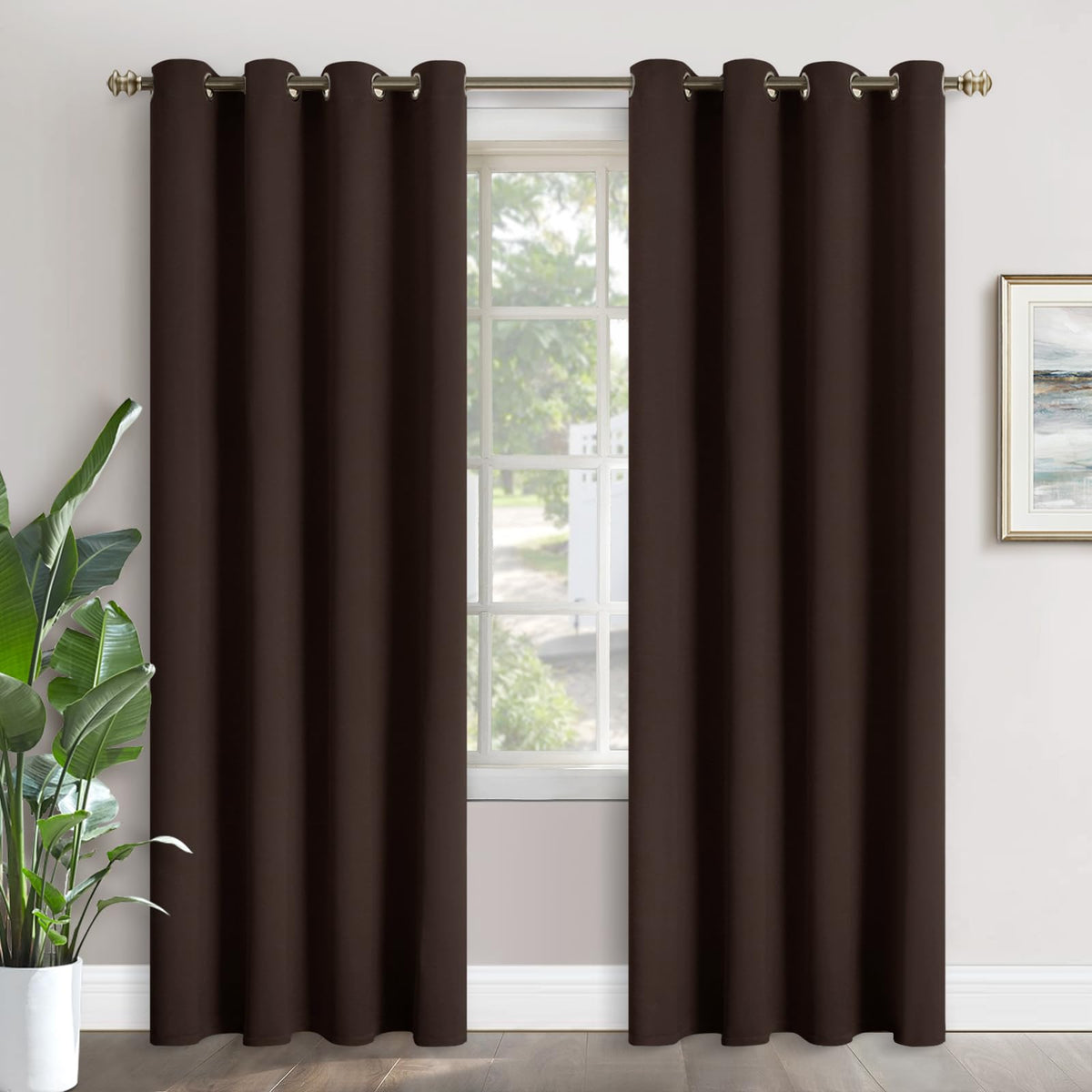 YoungsTex brown blackout curtains on rod promote room darkening and privacy.