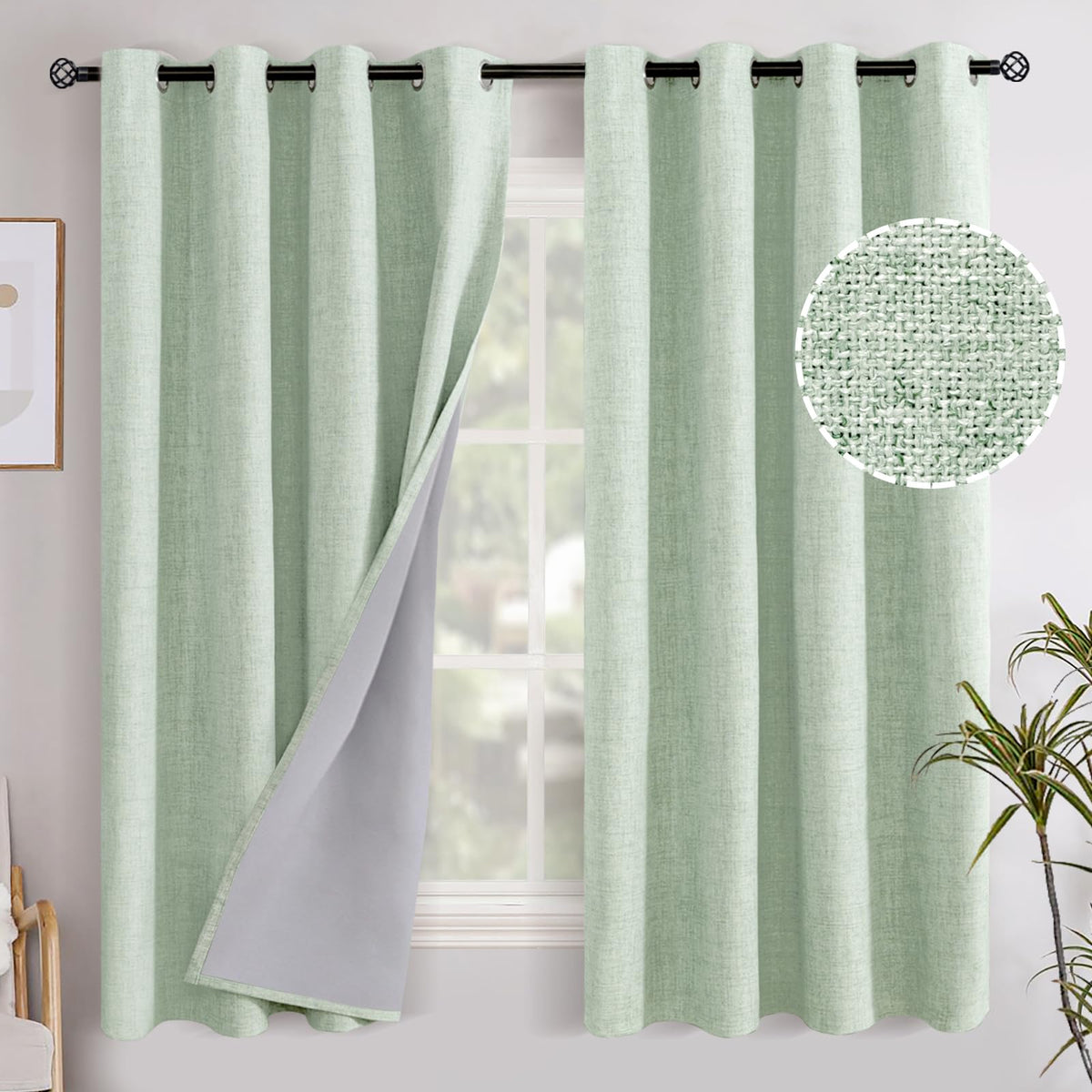 YoungsTex Green Linen Blackout Curtains fabric closeup highlights soft texture and sage color