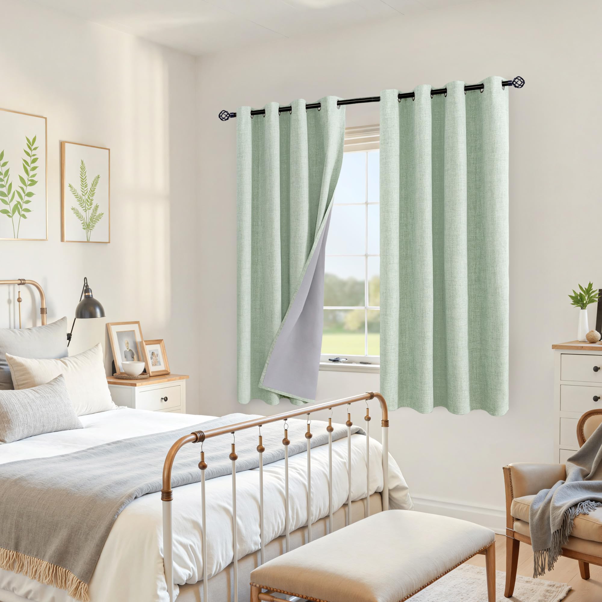 YoungsTex Green Linen Blackout Curtains window drape in light demonstrates ambient darkened room
