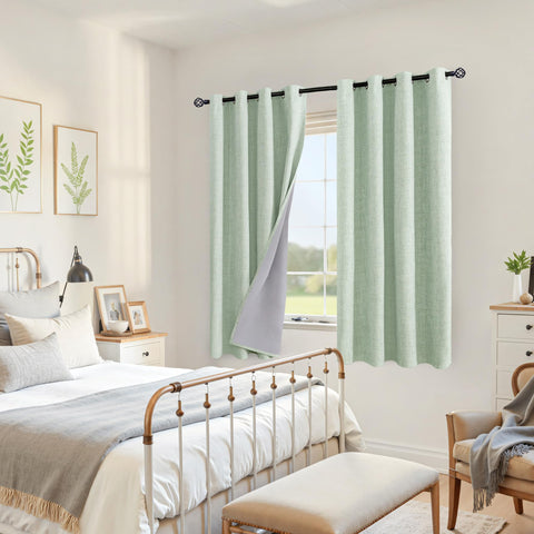YoungsTex Green Linen Blackout Curtains window drape in light demonstrates ambient darkened room
