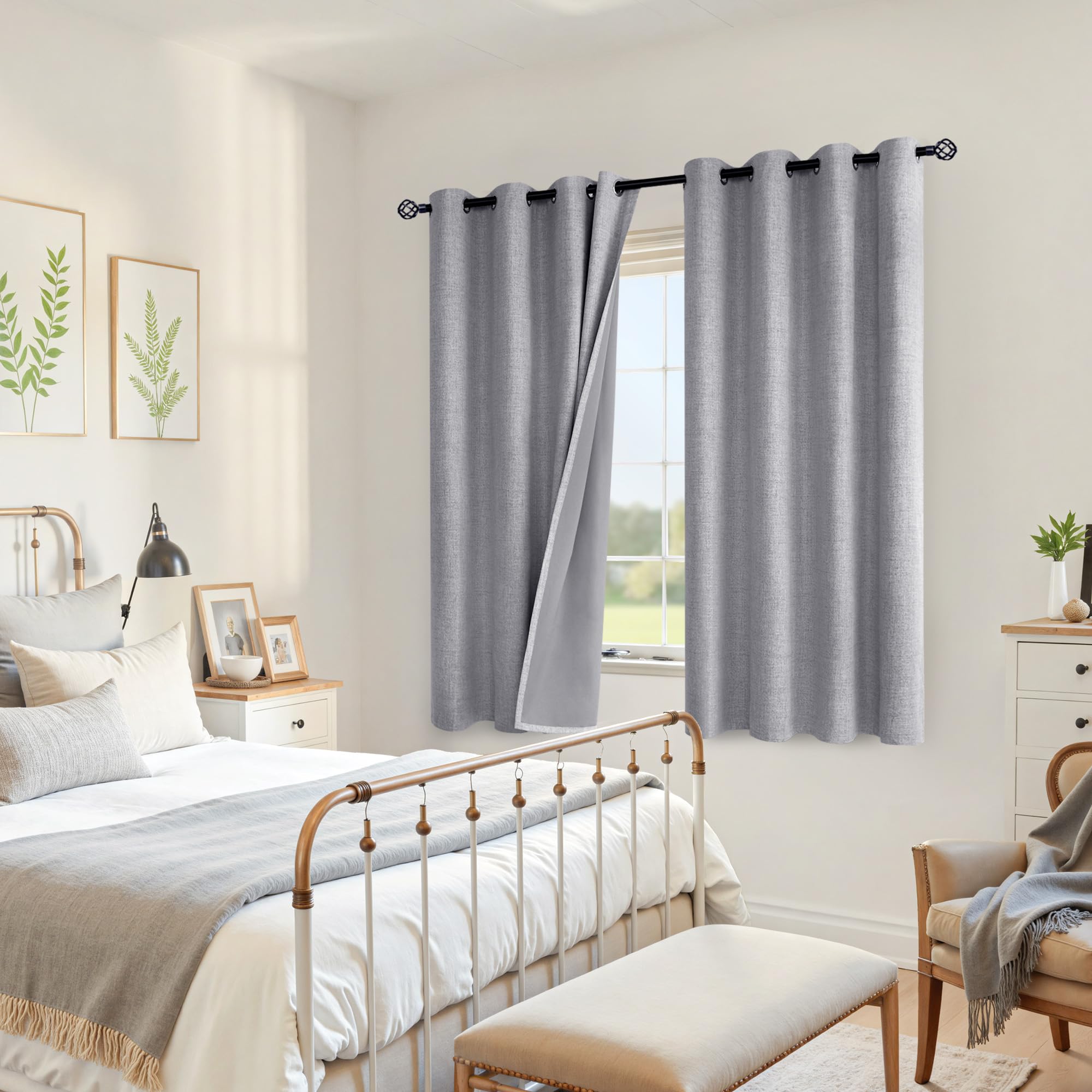 YoungsTex grey linen blackout curtains close-up highlighting thermal insulation for cooler rooms
