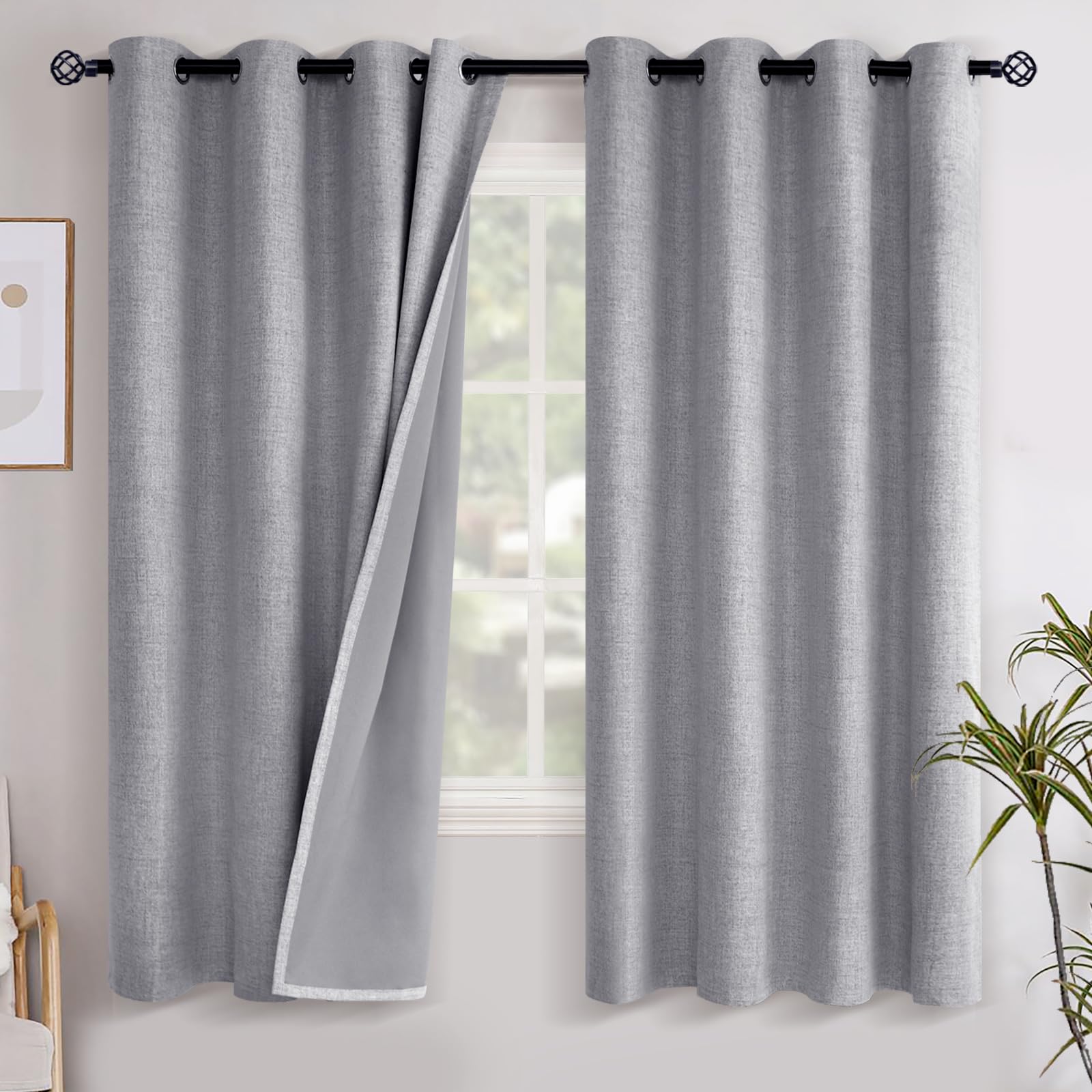 YoungsTex grey linen blackout curtain panel showing fabric texture and light-blocking potential