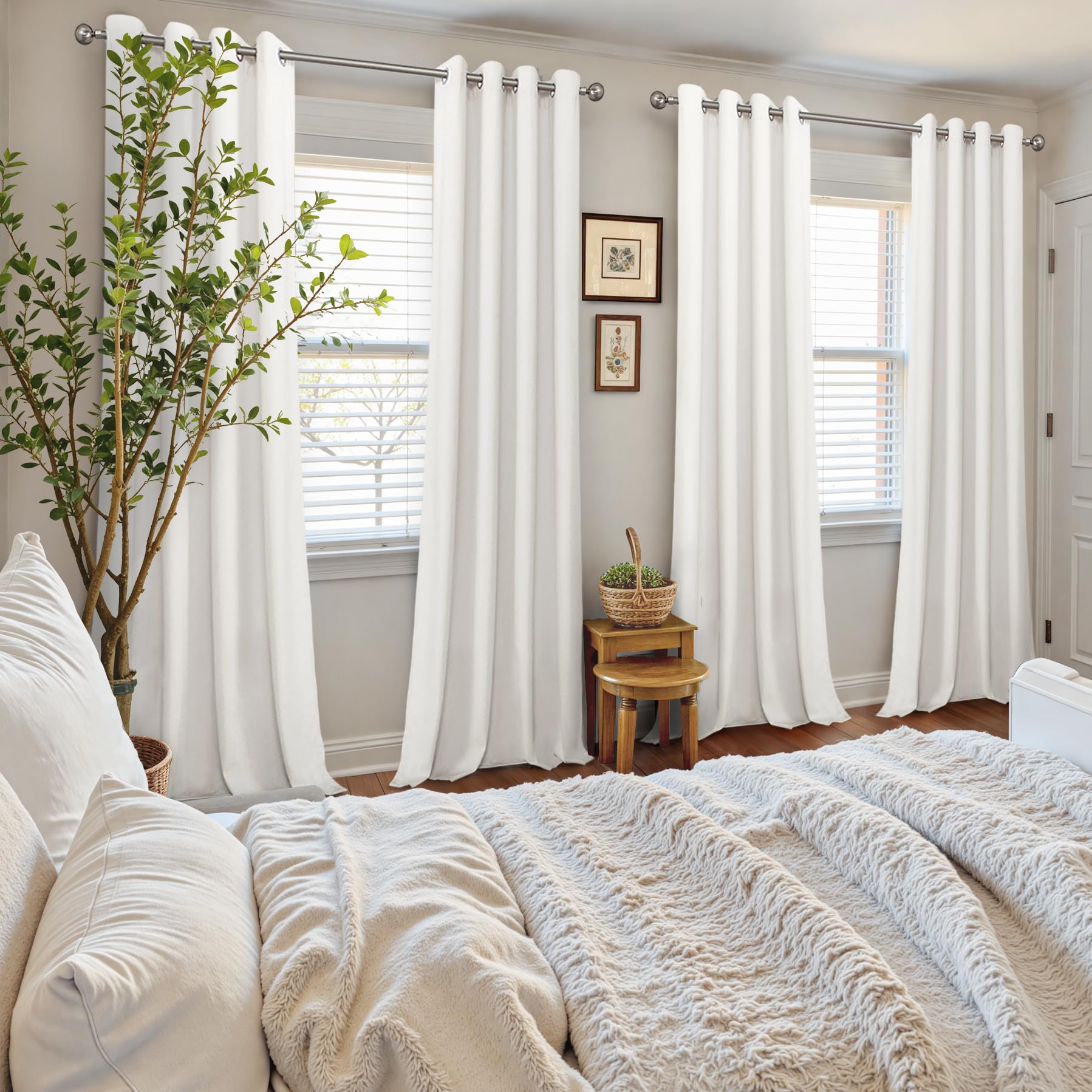 YoungsTex Ivory White Velvet Curtains reveal a dense weave that boosts privacy and soft daylight.