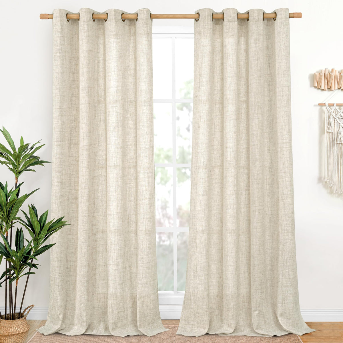 YoungsTex linen curtains 84-inch length softly filter daylight for a warm living room.