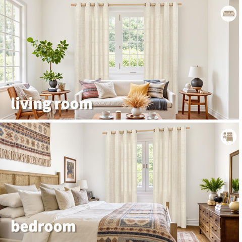 YoungsTex linen curtains with bronze grommets offer easy sliding and classic style.