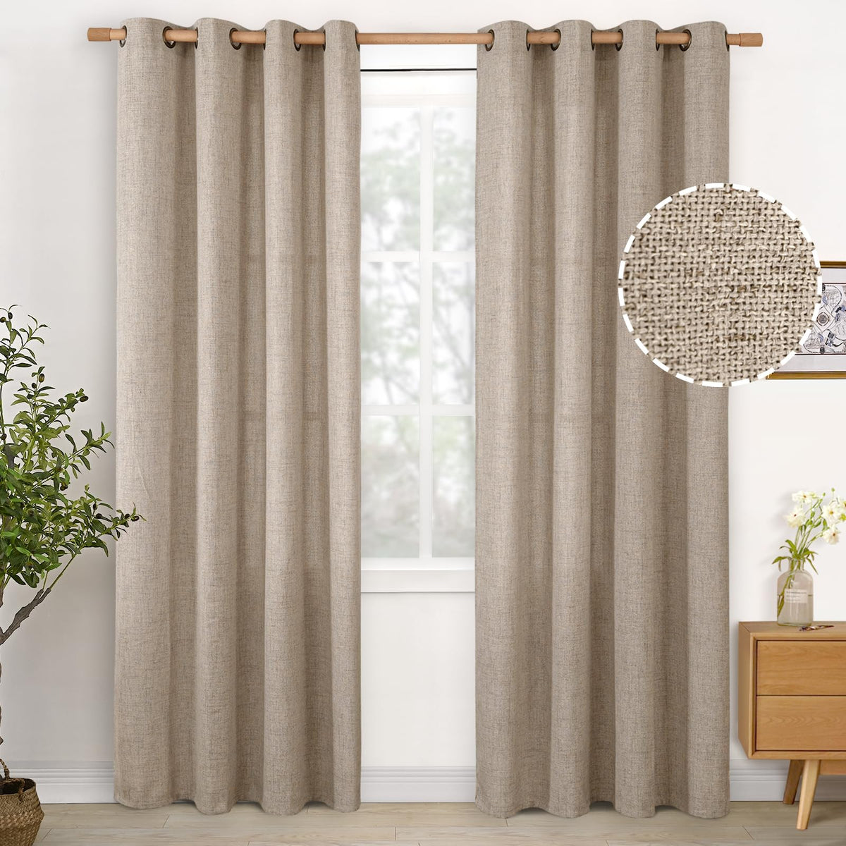 YoungsTex oatmeal linen curtains, two panels 52x84, ready to hang.
