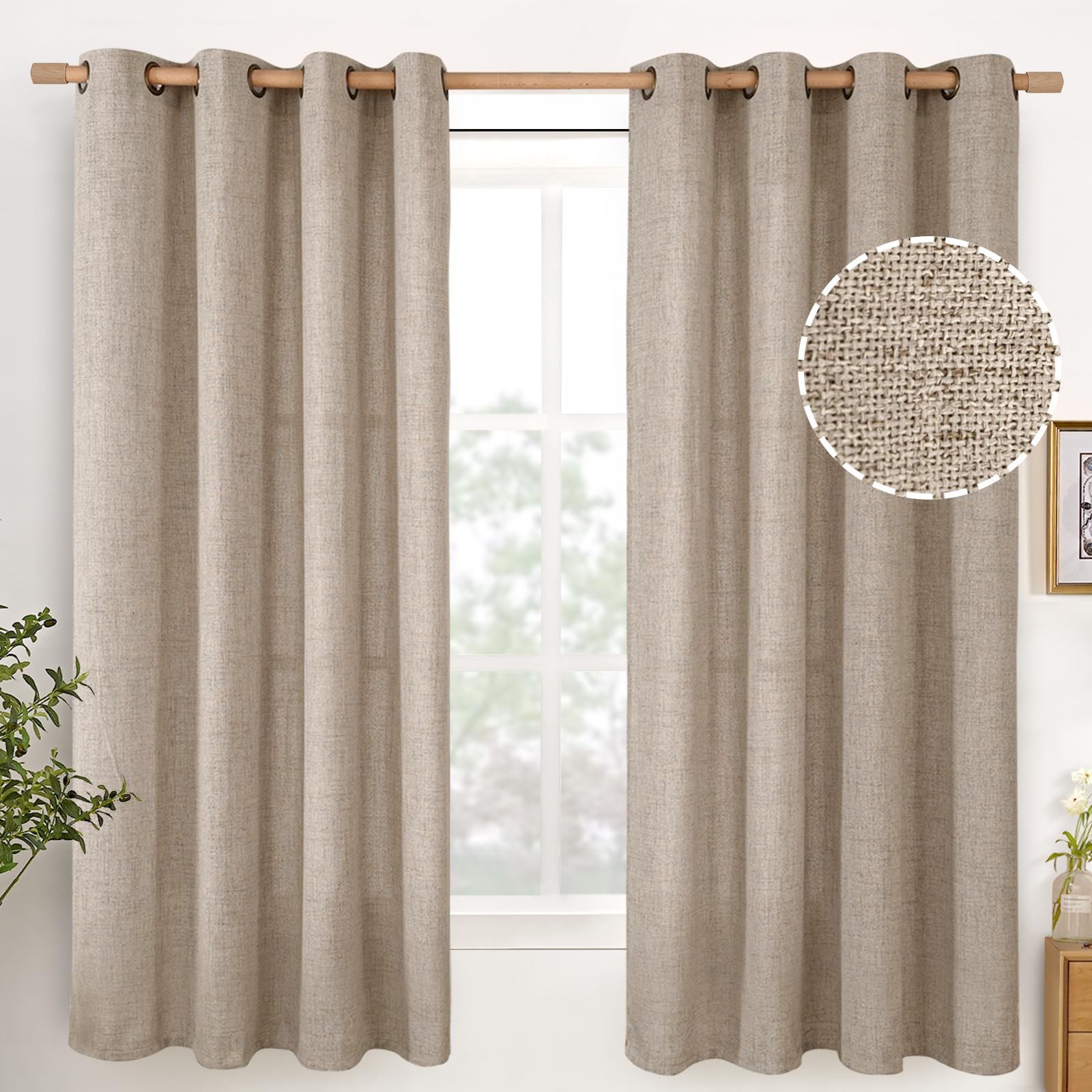 YoungsTex oatmeal linen curtains with bronze grommets for a warm living room ambiance