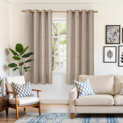Close-up of YoungsTex bronze grommets on oatmeal linen curtains