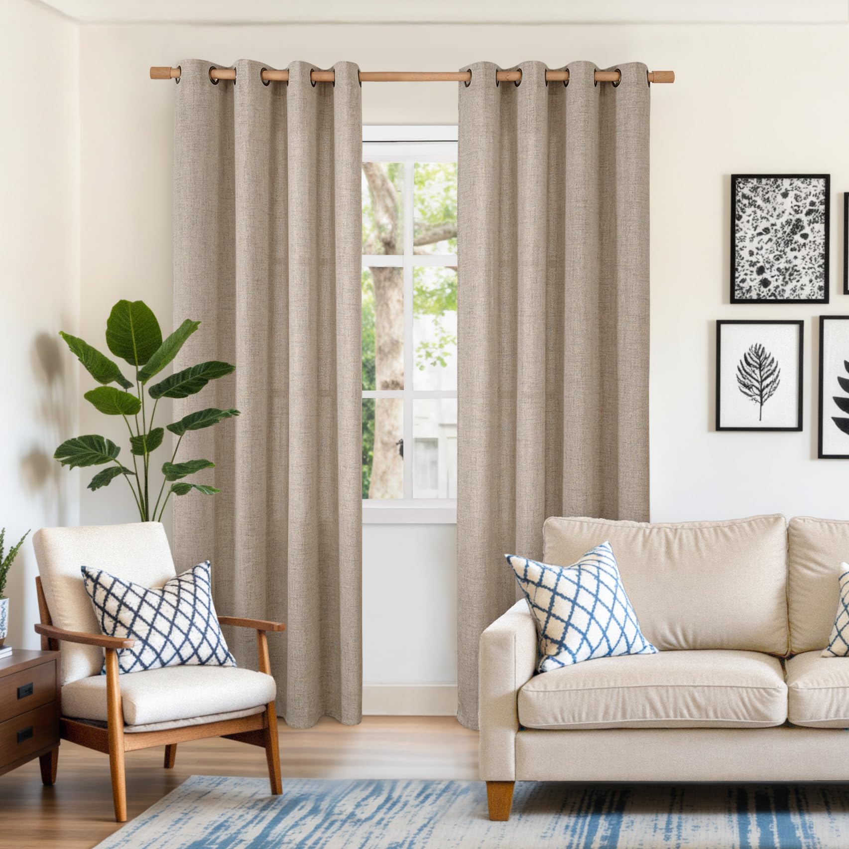YoungsTex oatmeal linen curtains with bronze grommets for smooth operation.