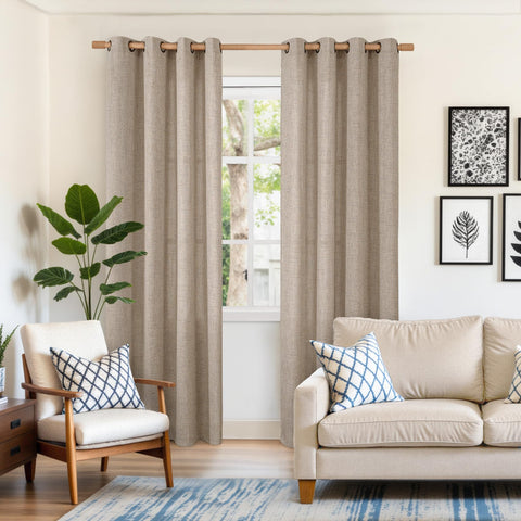 YoungsTex oatmeal linen curtains with bronze grommets for smooth operation.