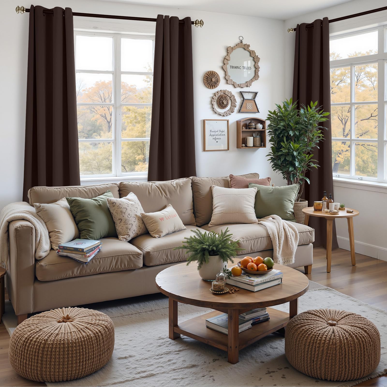 YoungsTex brown blackout curtains feature eight silver grommets for secure fit.