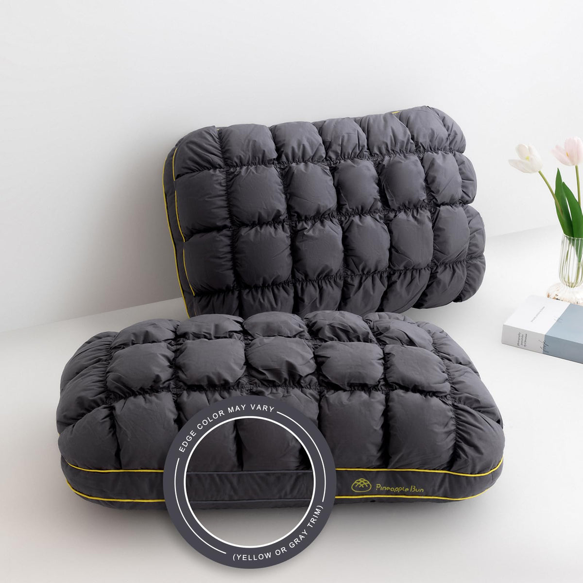 Your Moon fluffy support pillow two-pack front view in gray for side sleeping comfort.