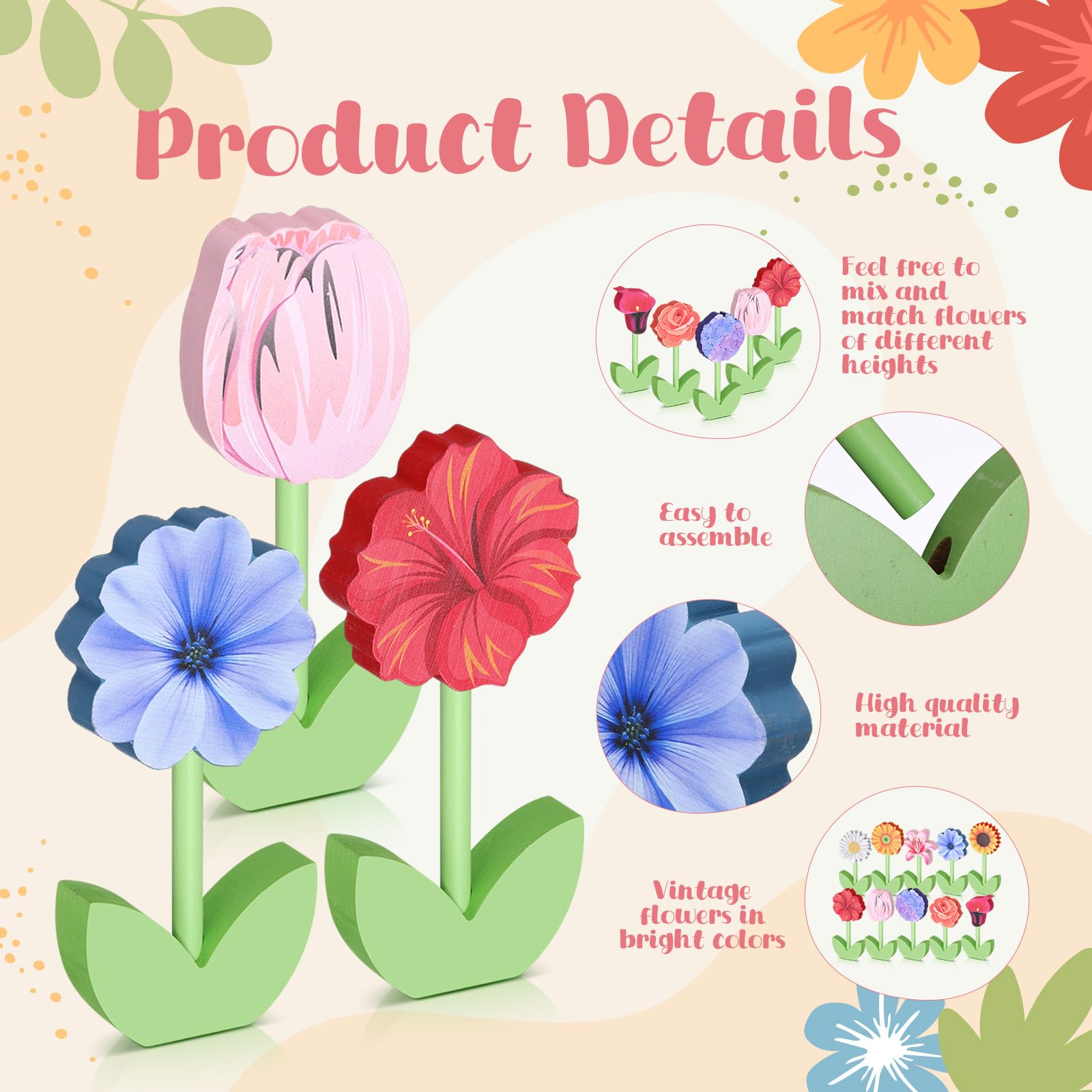 Yousoontic hand-painted wood flowers front and back for depth and versatility