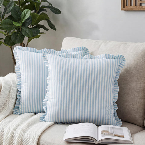Yousoontic striped coastal pillow cover with ruffle, ideal for stylish sofa accents