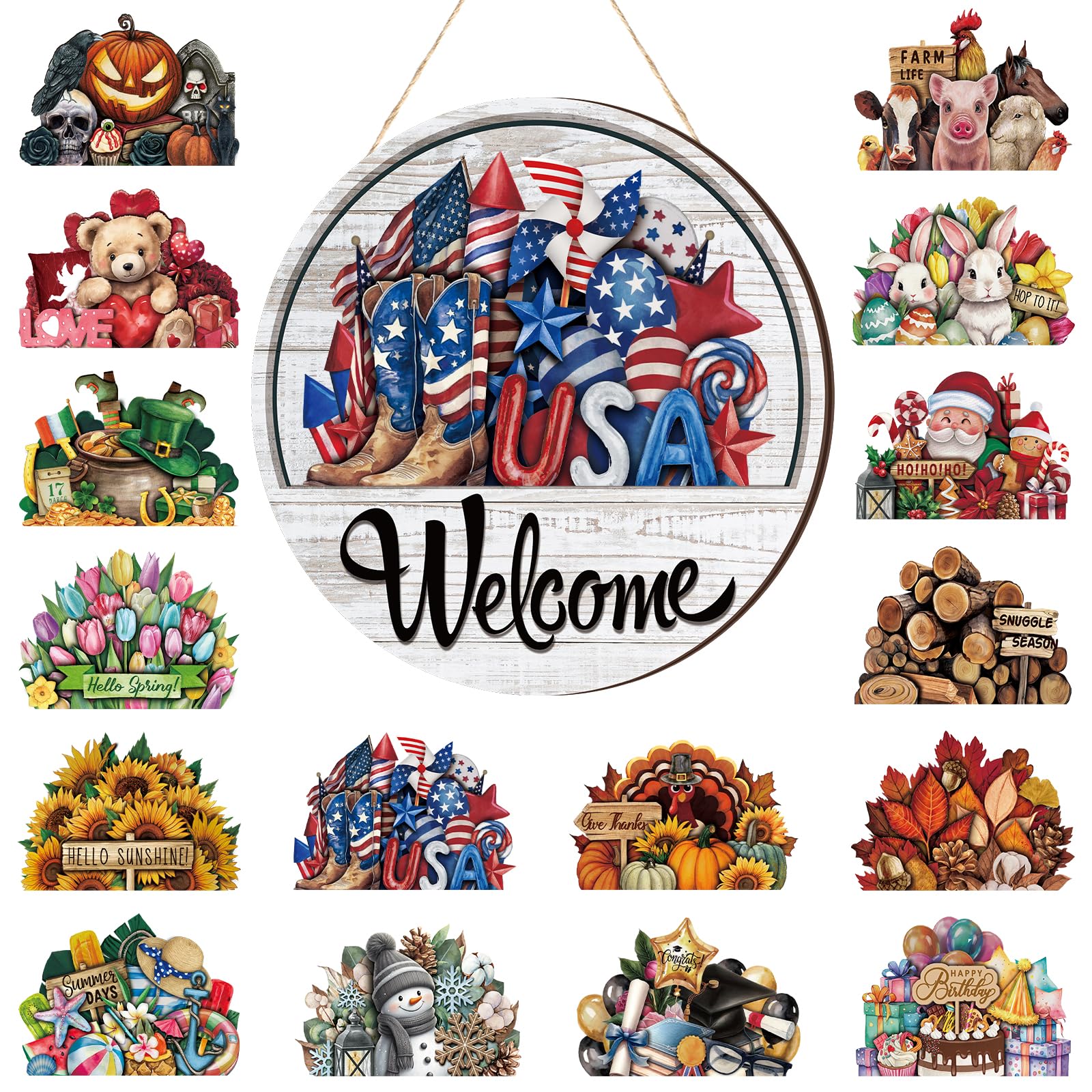 Yousoontic welcome sign with interchangeable discs for year-round curb appeal