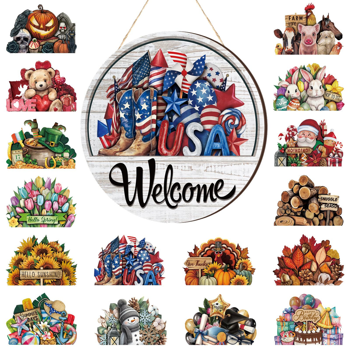 Yousoontic welcome sign with interchangeable discs for year-round curb appeal