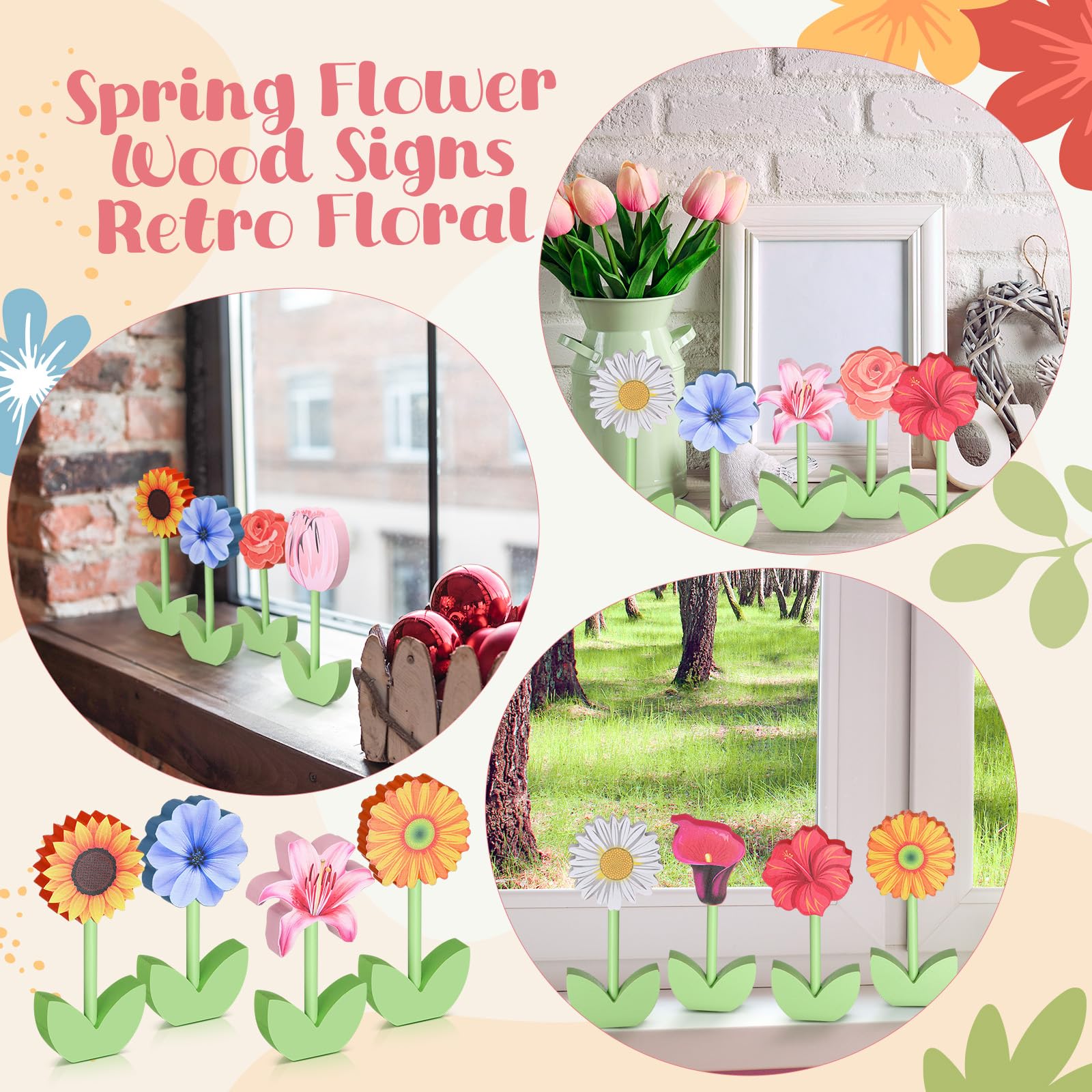 Yousoontic wooden flower signs rose gerbera front view for shelf styling