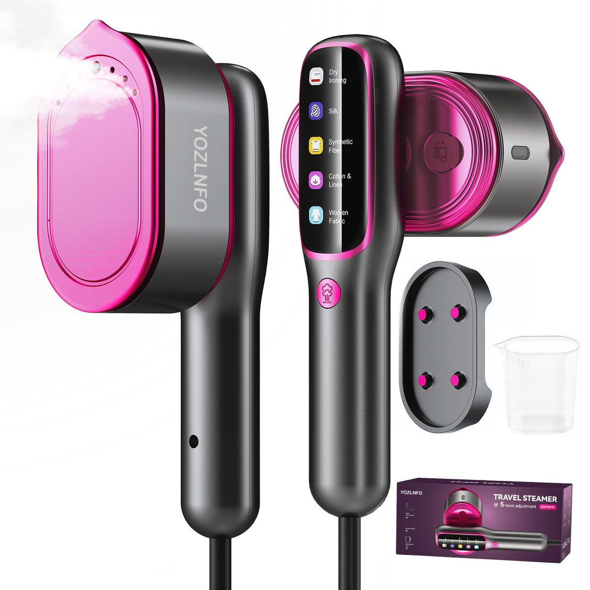 YOZLNFO travel steamer pink front view showing compact design for on-the-go use