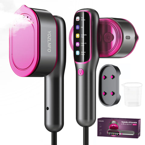 YOZLNFO travel steamer pink front view showing compact design for on-the-go use