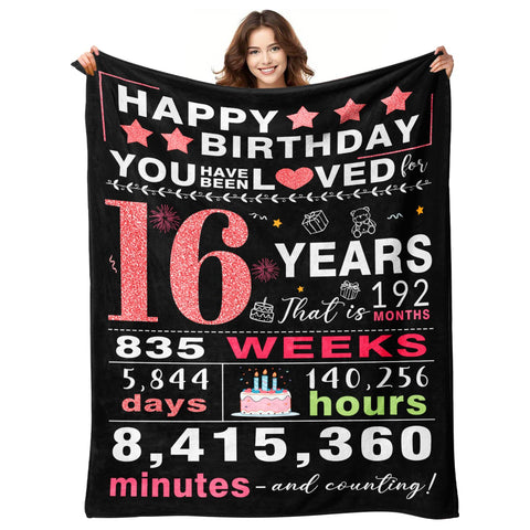 YPURTSD Sweet 16 gift blanket on bed, cozy birthday keepsake.
