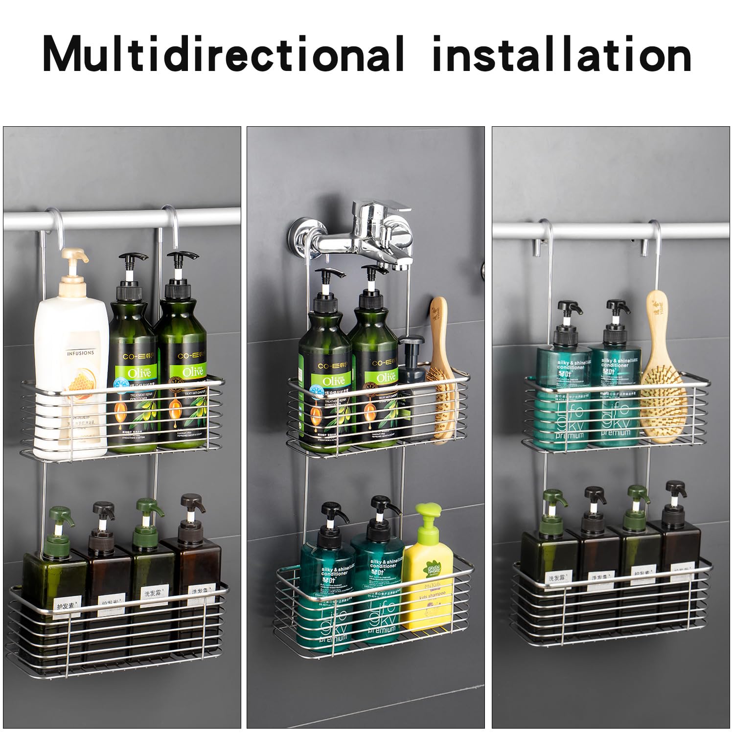 YQh bathroom organizer in use with shampoo and conditioner neatly stored
