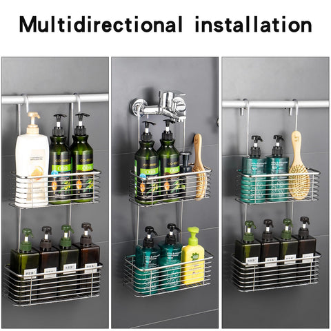 YQh bathroom organizer in use with shampoo and conditioner neatly stored