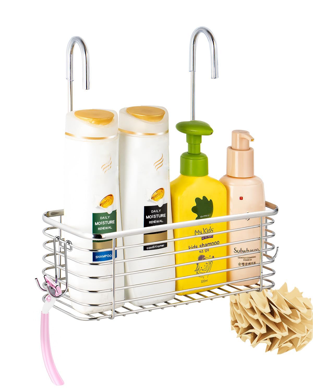 YQh hanging shower rack mounted on a door for drill-free installation.