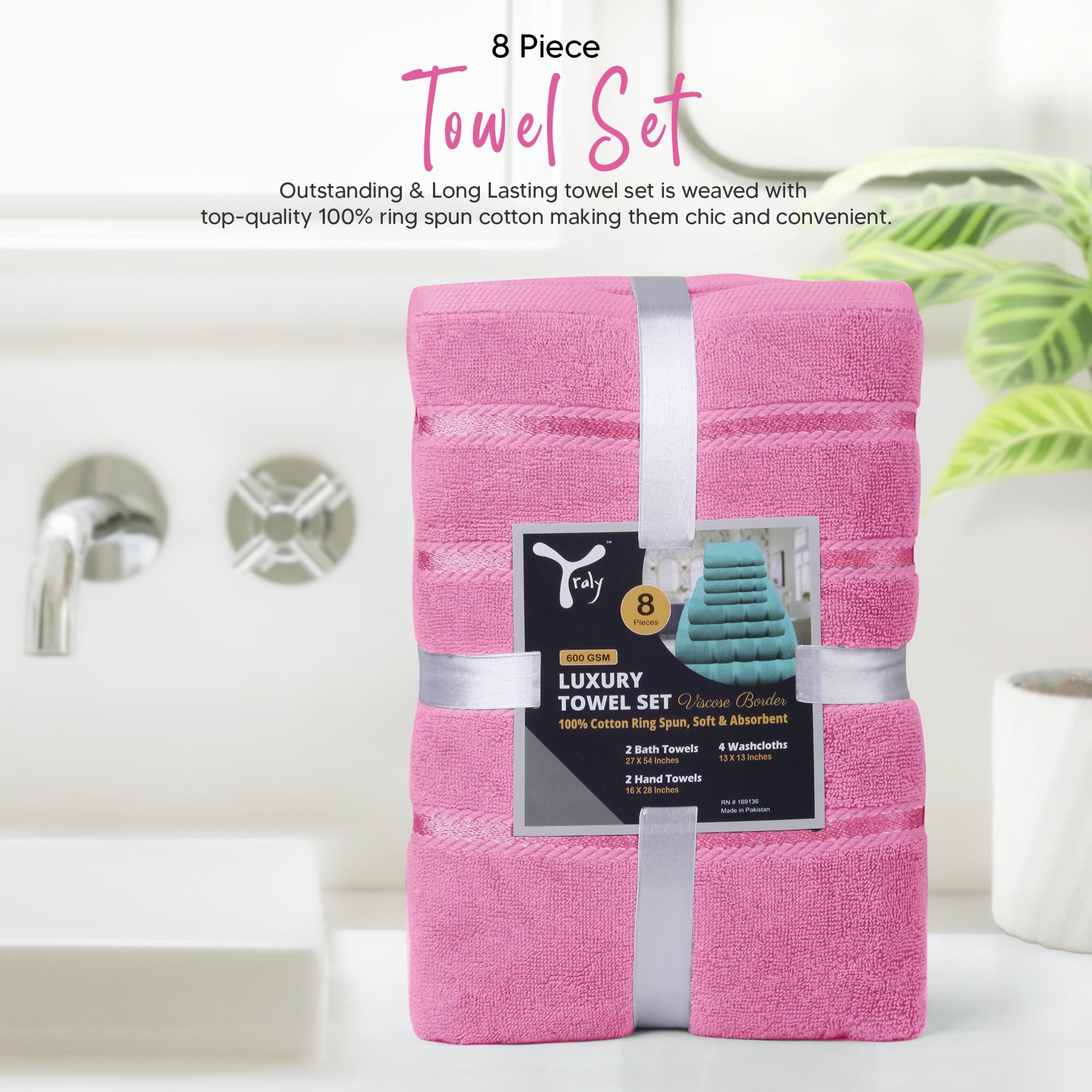 YRALY pink towels bring decorative warmth to the bathroom.
