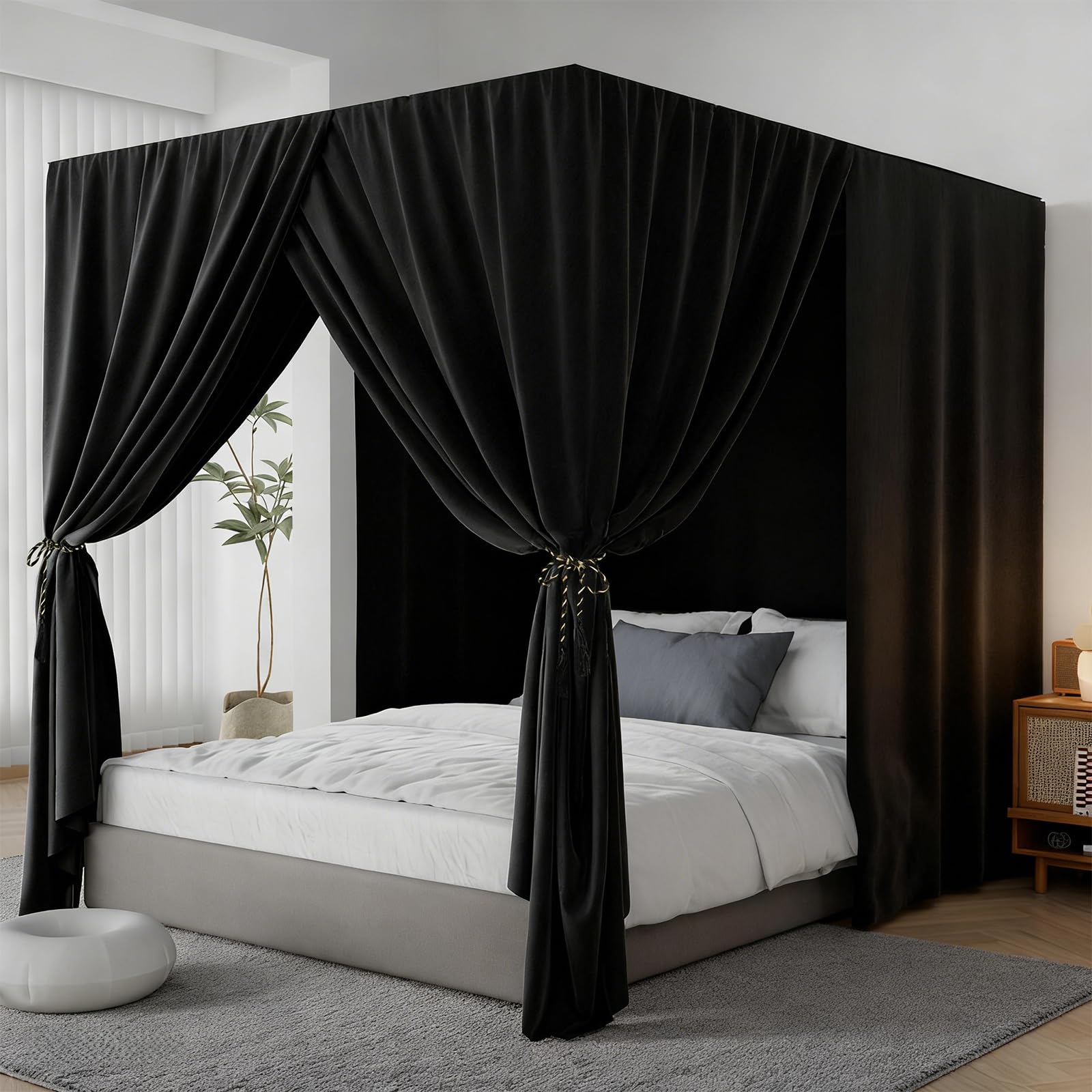 YRDKB black canopy curtains for queen beds provide lightproof privacy and restful dark sleep.