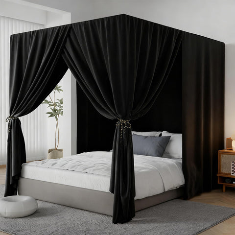 YRDKB black canopy curtains for queen beds provide lightproof privacy and restful dark sleep.