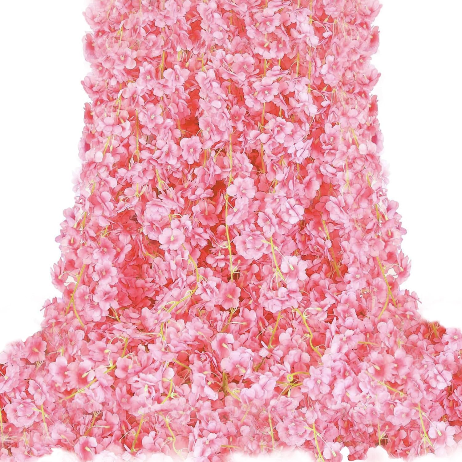 YRIOWMI cherry blossom garland wrapped around trees in a garden setting