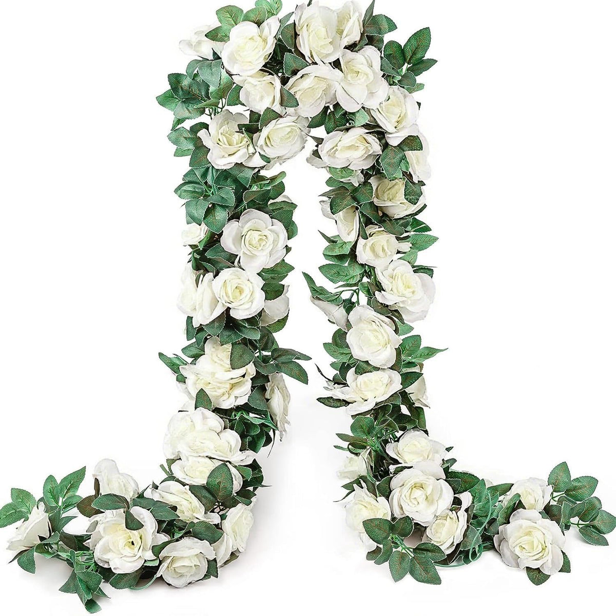 YRIOWMI fake rose garland on arch creates a romantic wedding backdrop.