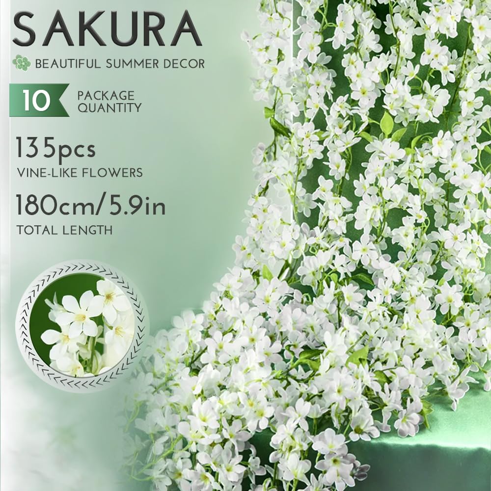 YRIOWMI cherry blossom garland draped along stairs adds a dreamy, year-round floral vibe.