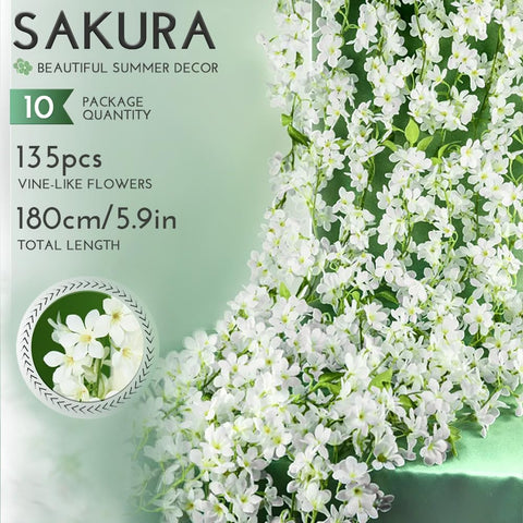 YRIOWMI cherry blossom garland draped along stairs adds a dreamy, year-round floral vibe.