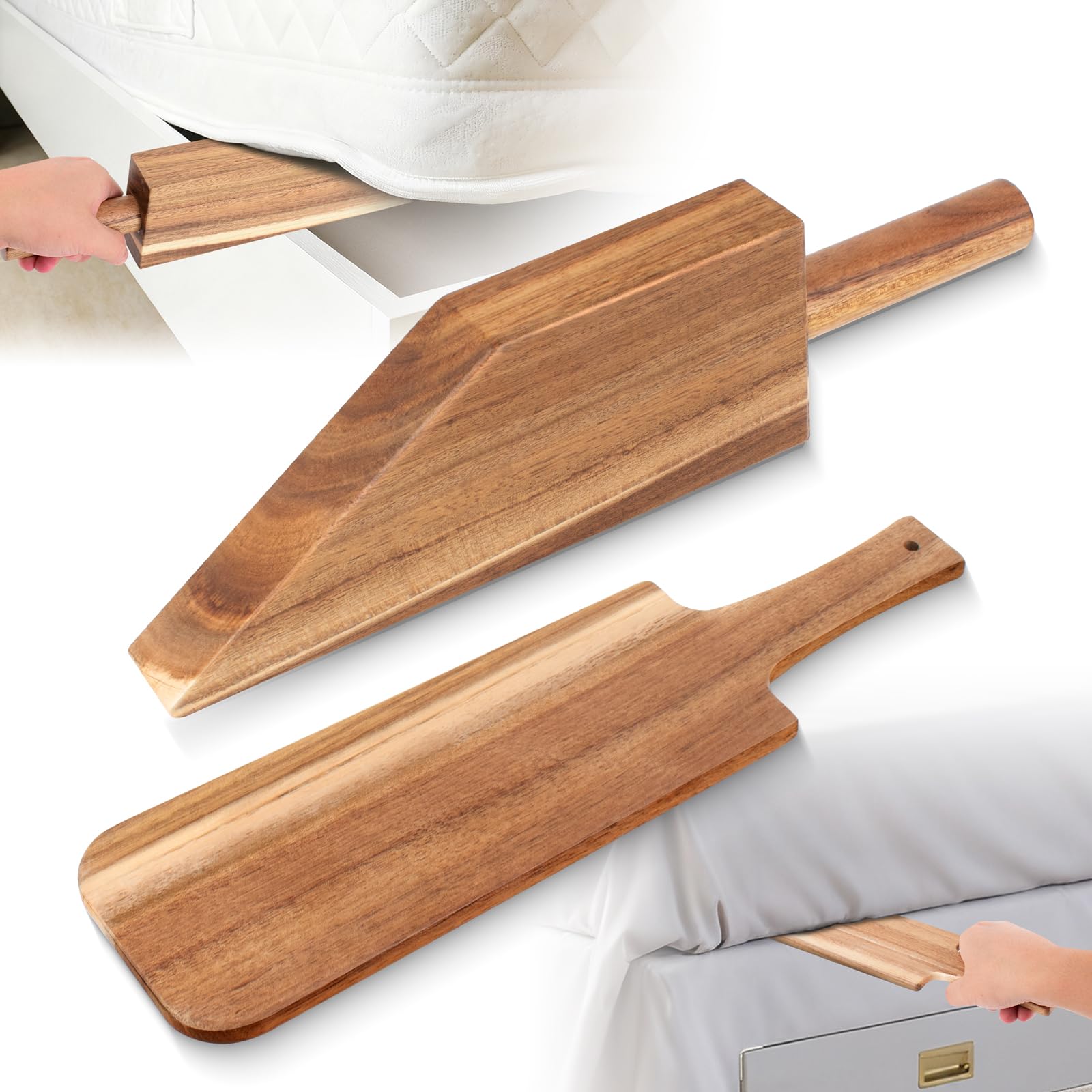 YSSPPOY mattress lifter in acacia wood shown lifting one edge of the mattress