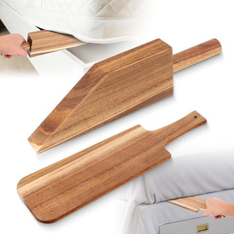 YSSPPOY mattress lifter in acacia wood shown lifting one edge of the mattress