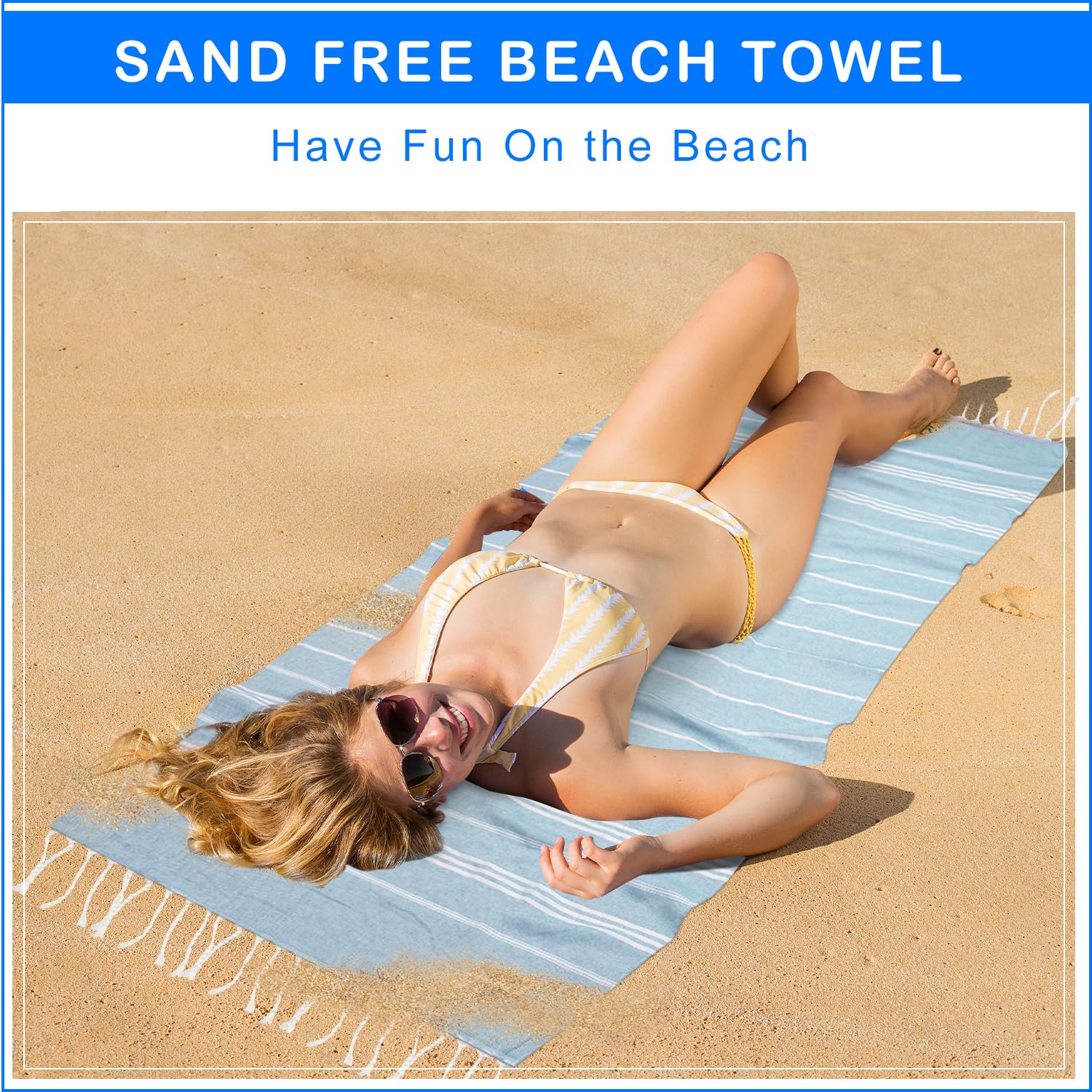 YSYJ Turkish Beach Towel 6-Pack quick-dry blue, ideal for poolside use.