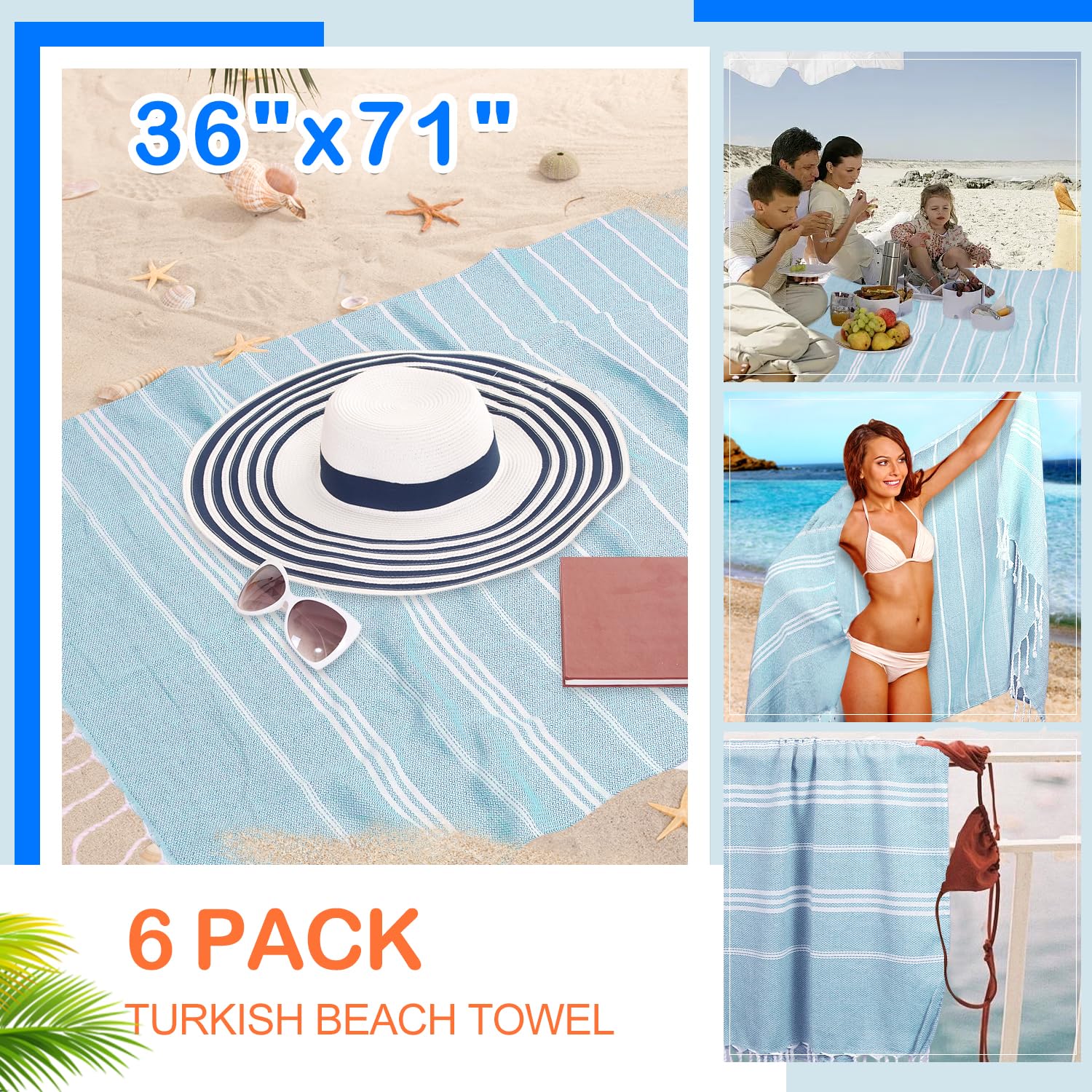 YSYJ Turkish Beach Towel 6-Pack spread blue, showcasing oversized coverage for the beach.