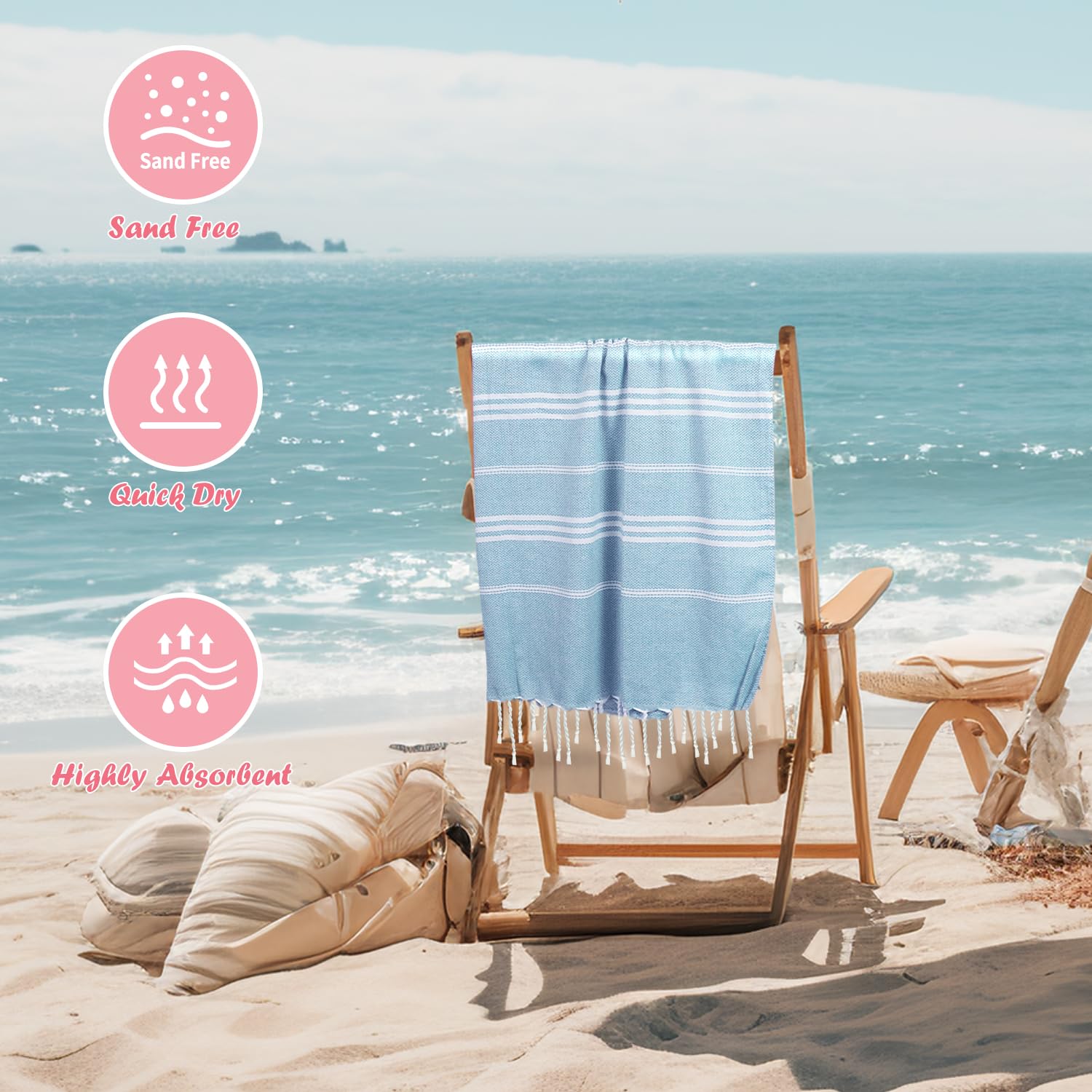 YSYJ blue Turkish beach towel 36x71 lightweight and sand-free design