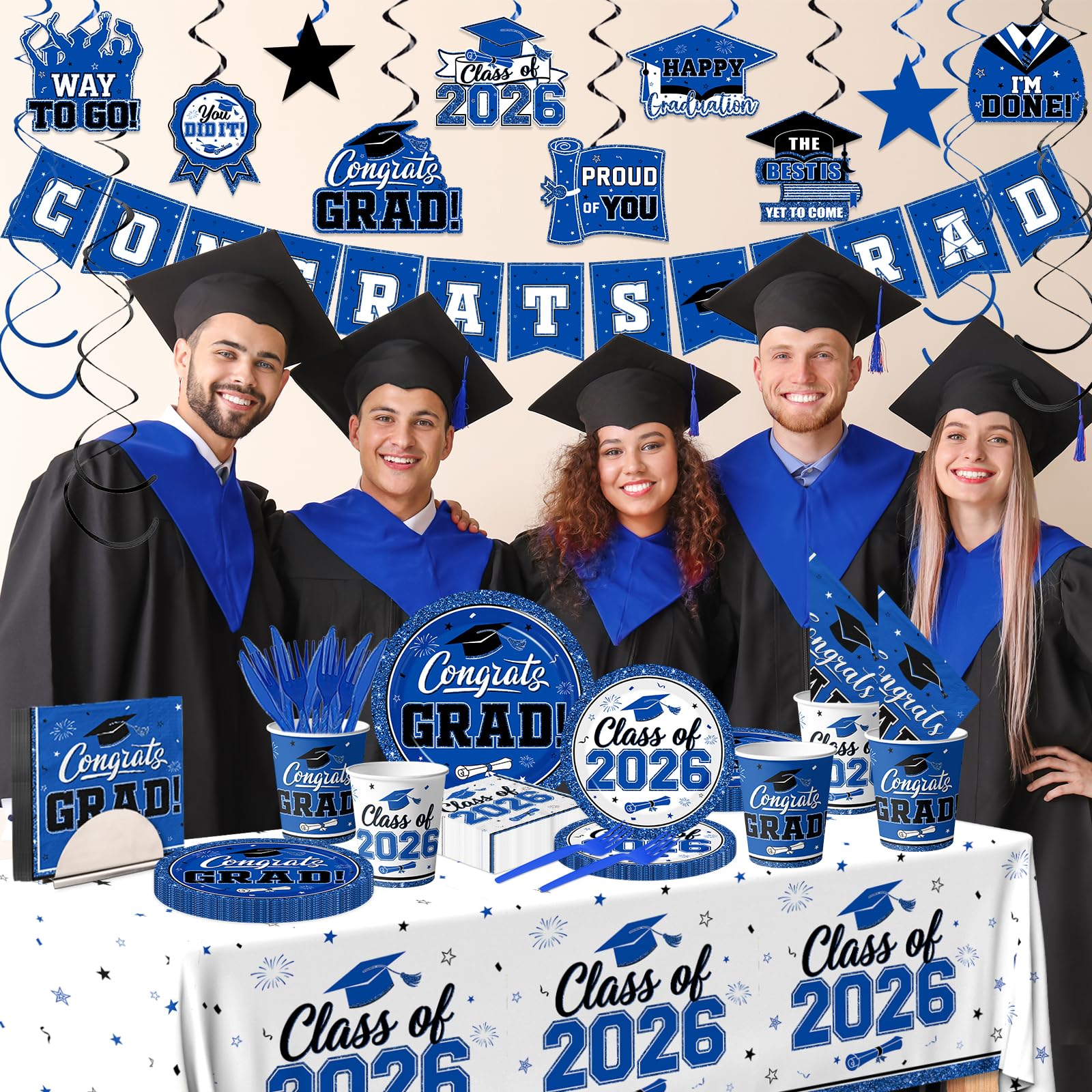 YTGUVBK grad tablecloth banner blue-white design elevates photo-worthy graduation setups.